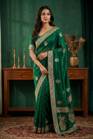 Emerald Green Chanderi Silk with Peacock Pallu