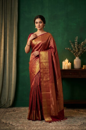 Deep Ruby Diamond-Grid Kanjivaram