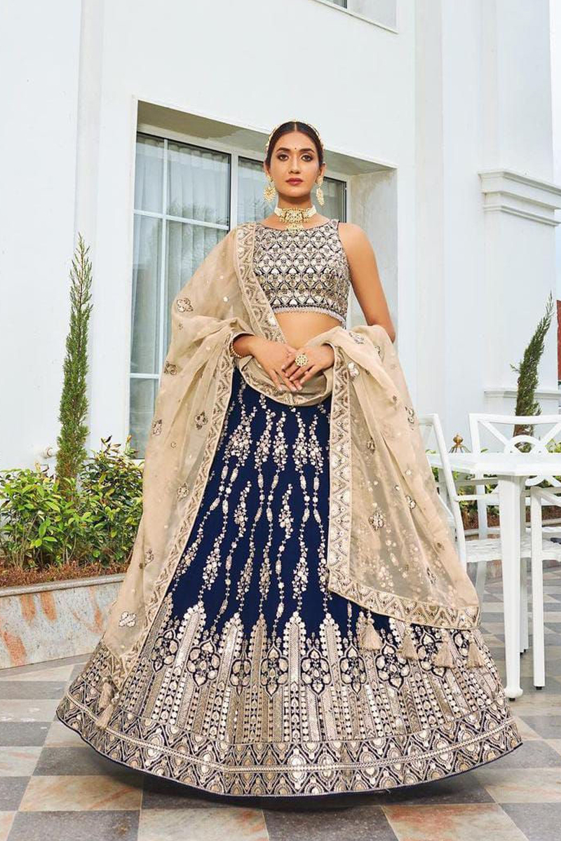 Cream Blue Ethnic Wear Lehenga